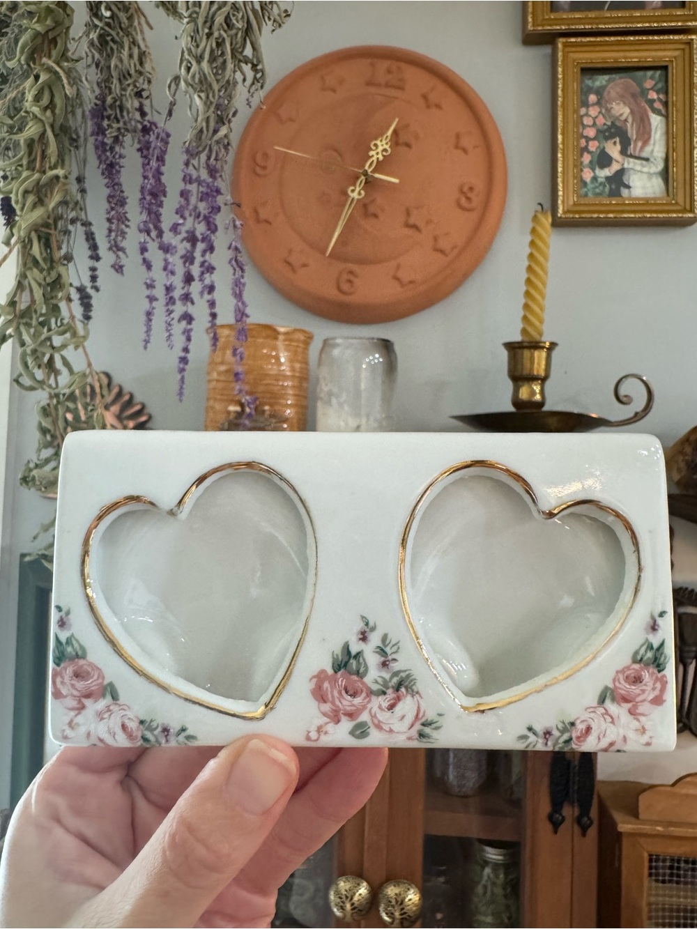 Vintage Cottage Core Porcelain Double Heart Slip Picture Frame